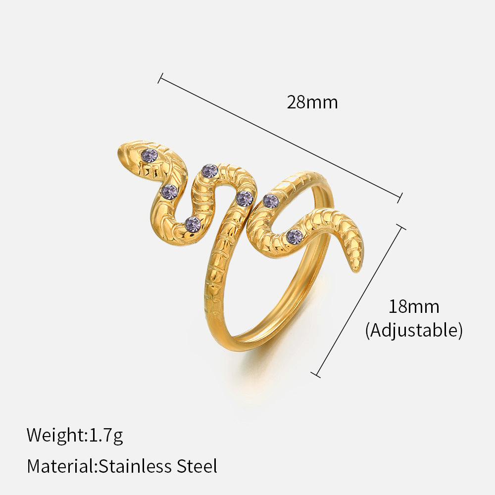 Wholesale Gold-plated stainless steel ring with colored diamonds and snake-shaped pattern